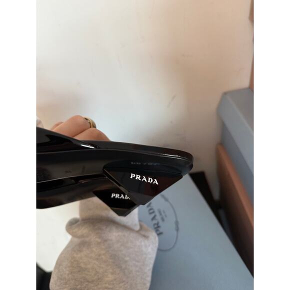 NWT Prada Slip-on Mules Black Patent Leather Square Toe Triangular Kitten Heels - Picture 7 of 8